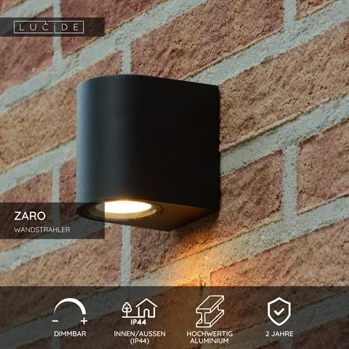 Lucide ZARO - Wandstrahler / Wandleuchte Innen/Außen - 1xGU10 - IP44 - Schwarz - USP